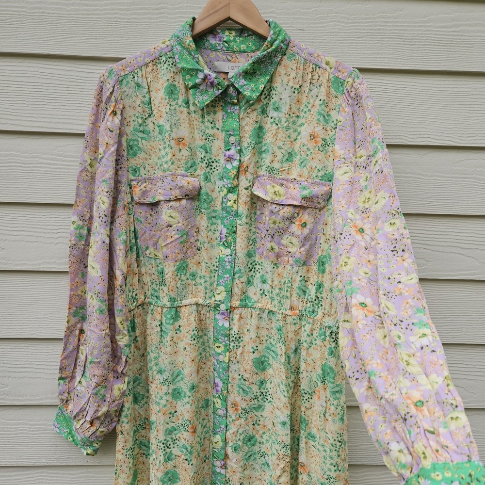 Loft Maxi Dress Womens XL Floral Shirtdress Garden Party Mixed Media Long Sleeve